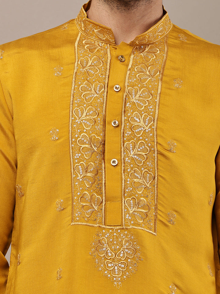 Viscose Men’s Mustard Embroidered Kurta | SHOBITAM