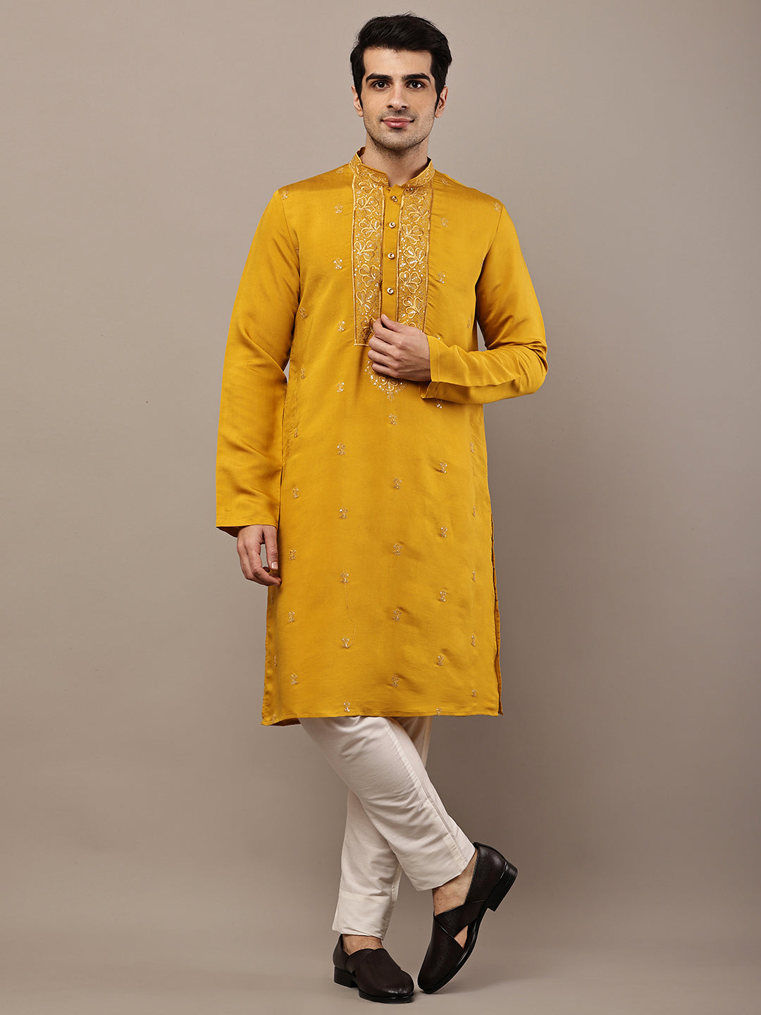 Viscose Men’s Mustard Embroidered Kurta | SHOBITAM