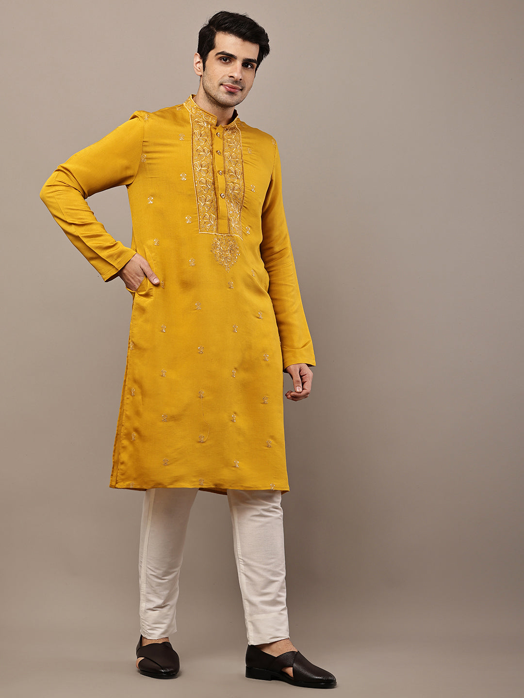 Men’s Mustard Embroidered Kurta Pyjama Set | SHOBITAM