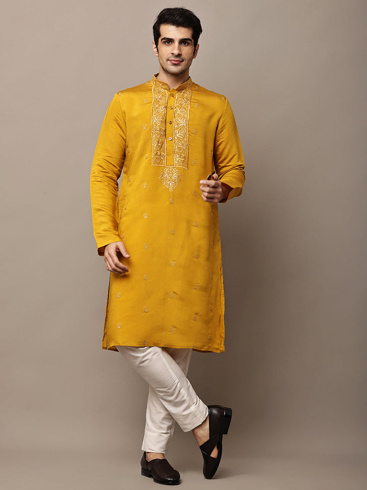Viscose Men’s Mustard Embroidered Kurta | SHOBITAM