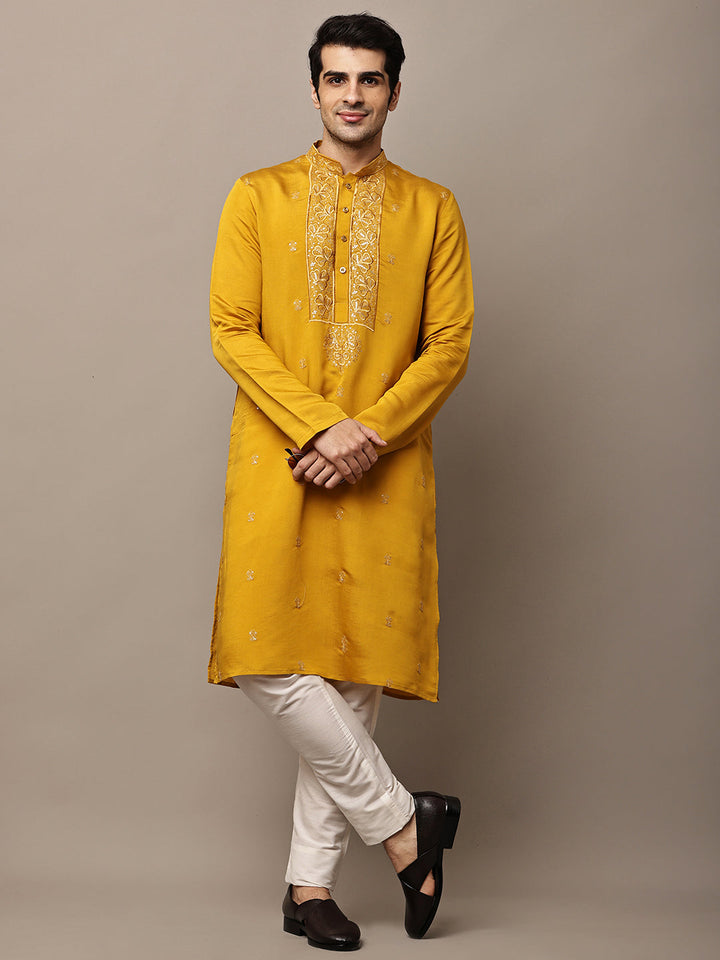 Viscose Men’s Mustard Embroidered Kurta | SHOBITAM