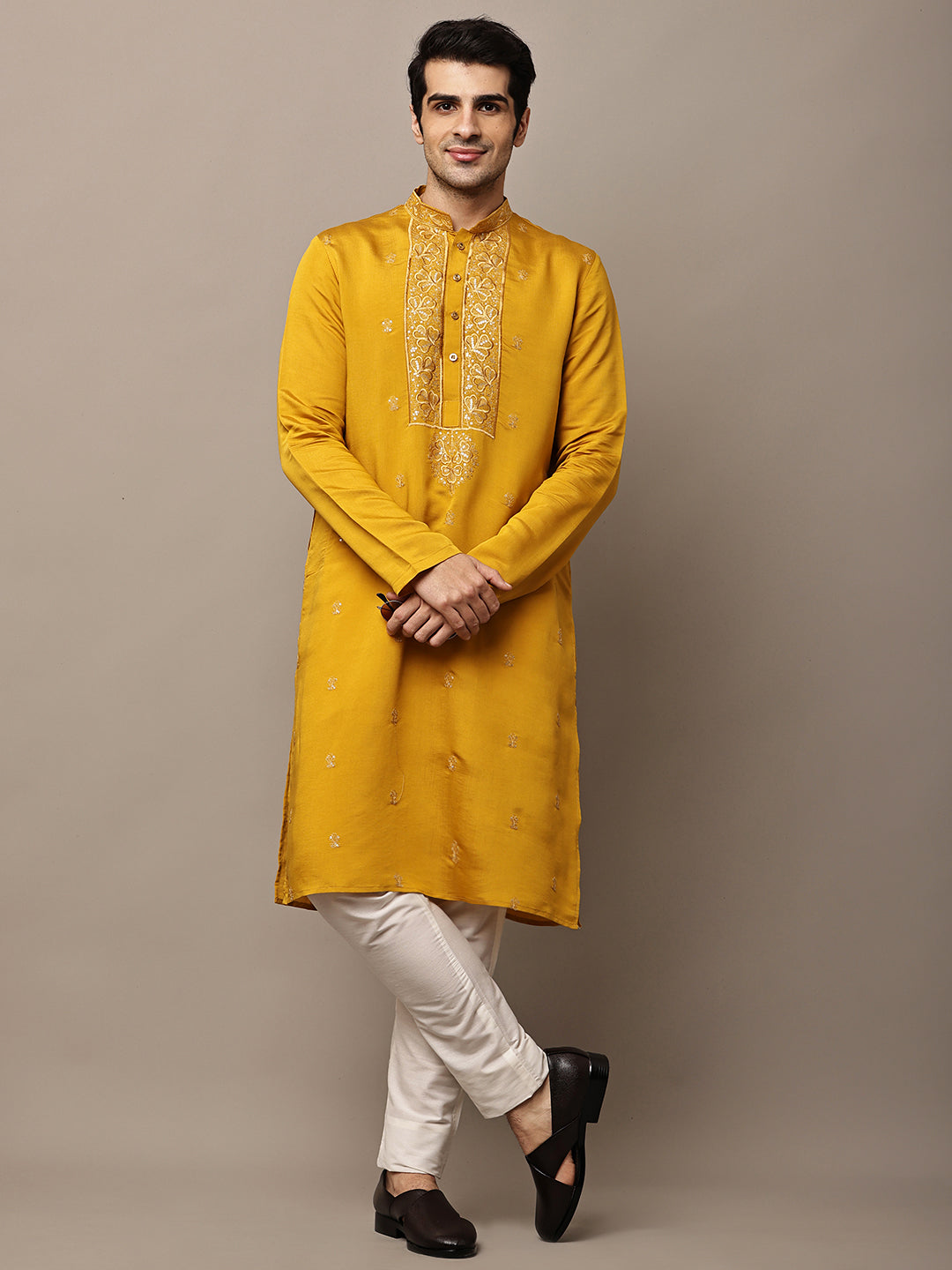 Men’s Mustard Embroidered Kurta Pyjama Set | SHOBITAM