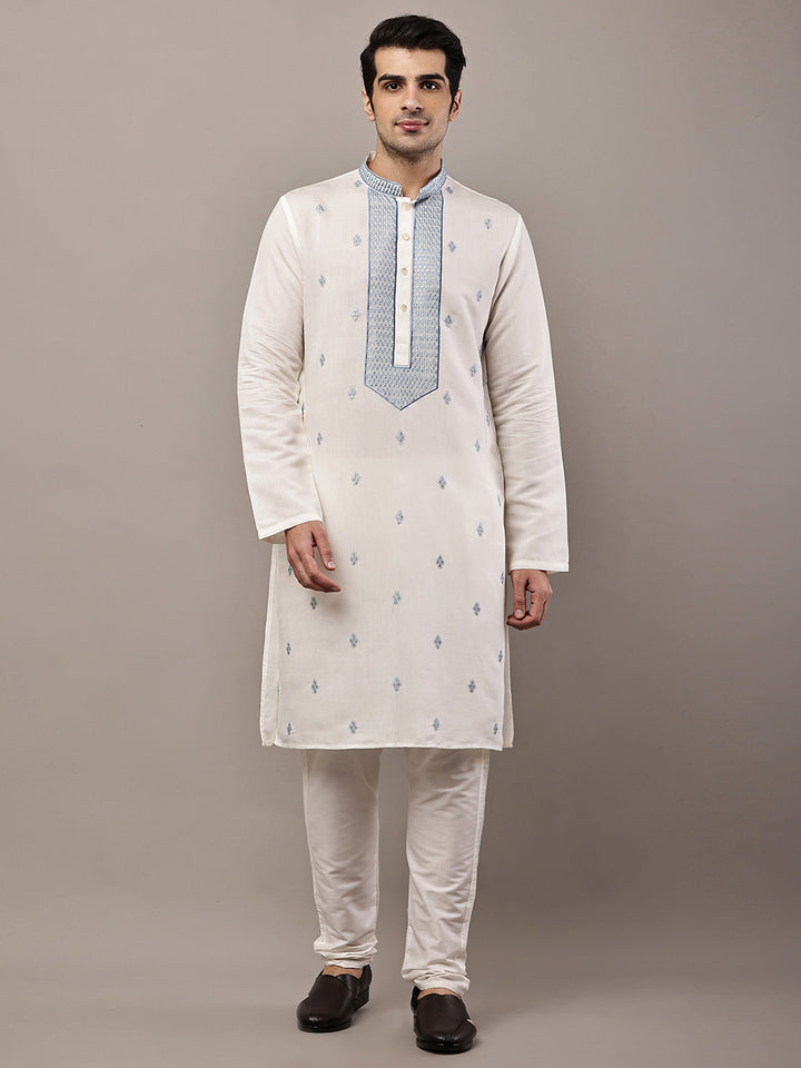 Viscose Men’s Off-White Embroidered Kurta | SHOBITAM