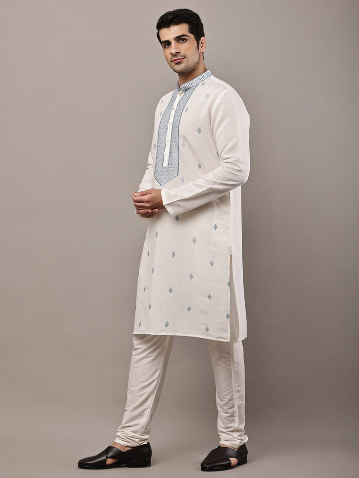 Viscose Men’s Off-White Embroidered Kurta | SHOBITAM
