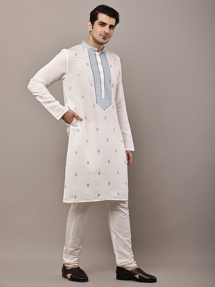 Viscose Men’s Off-White Embroidered Kurta | SHOBITAM
