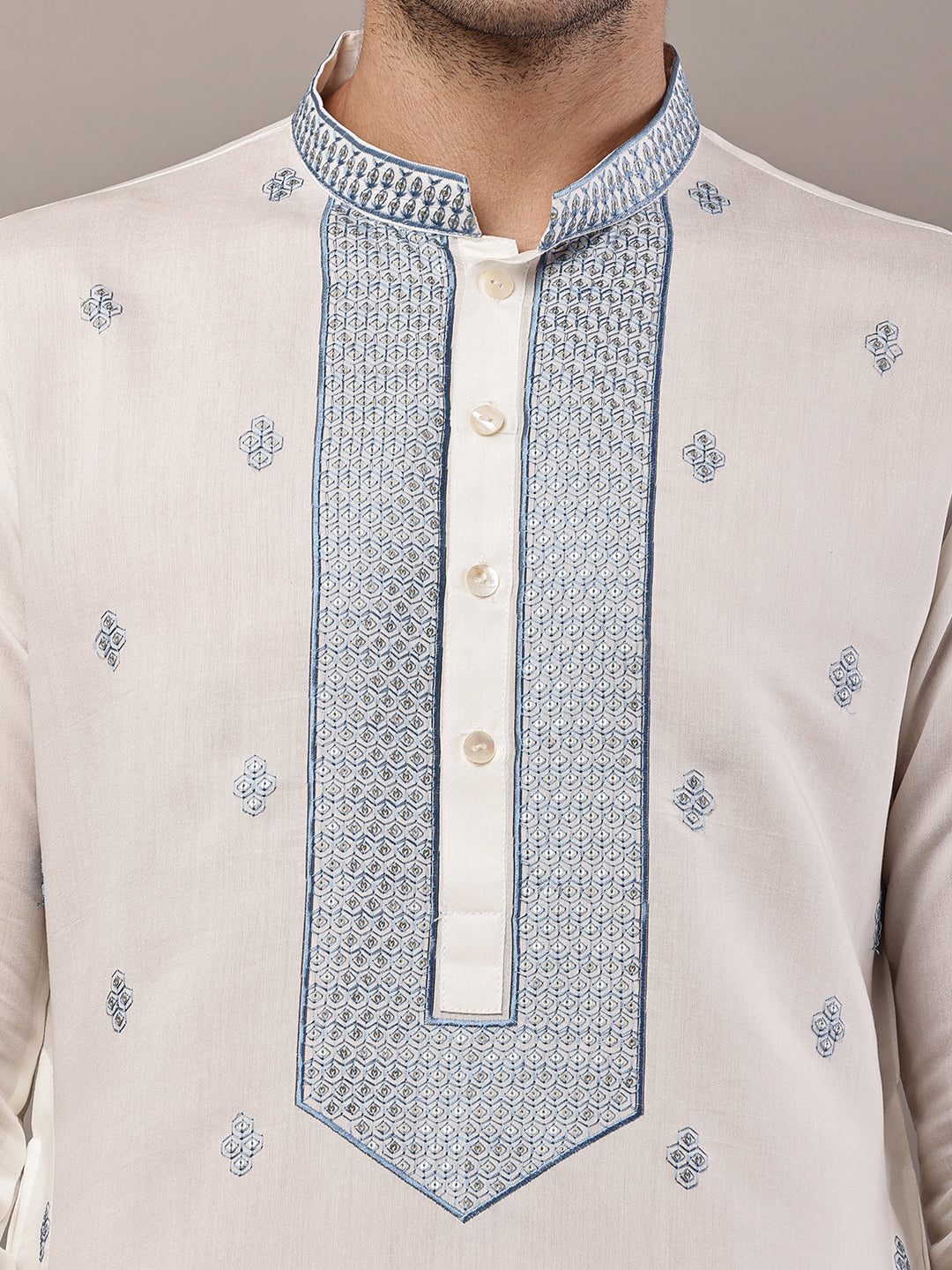 Men’s Off-White Embroidered Kurta Pyjama Set | SHOBITAM
