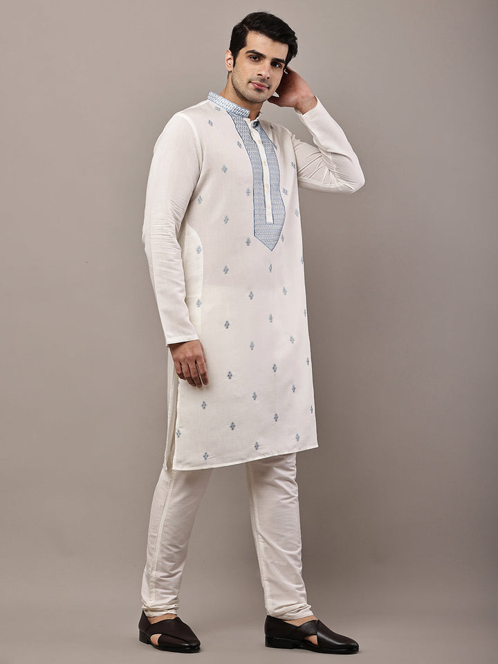 Viscose Men’s Off-White Embroidered Kurta | SHOBITAM