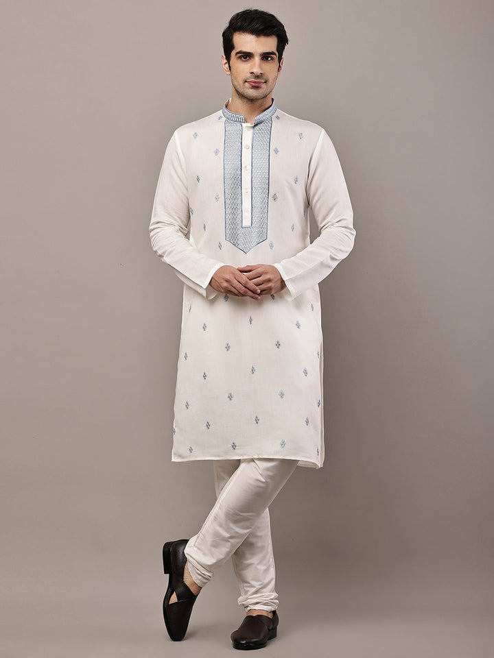 Viscose Men’s Off-White Embroidered Kurta | SHOBITAM