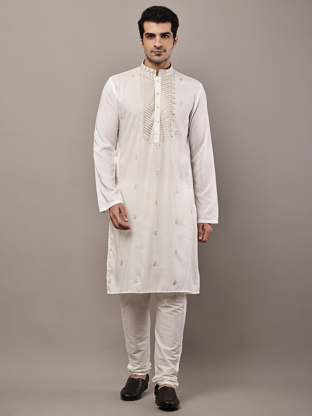 Men’s Cream Embroidered Kurta Pyjama Set | SHOBITAM