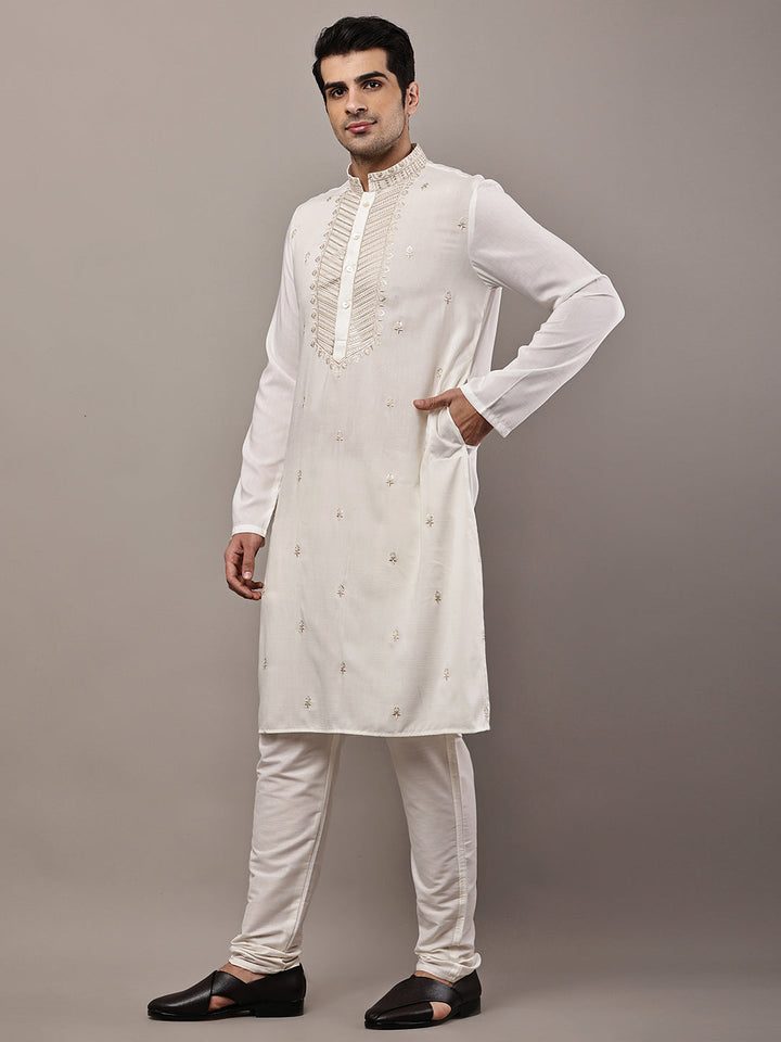 Men’s Cream Embroidered Kurta Pyjama Set | SHOBITAM