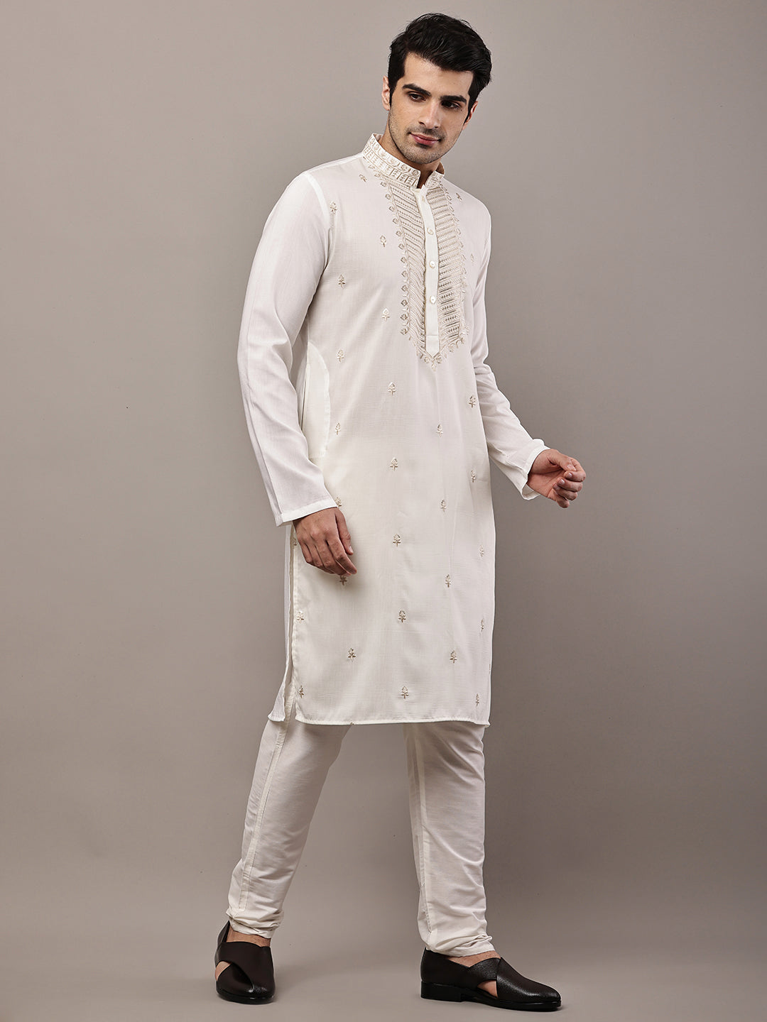 Viscose Men’s Cream Embroidered Kurta | SHOBITAM