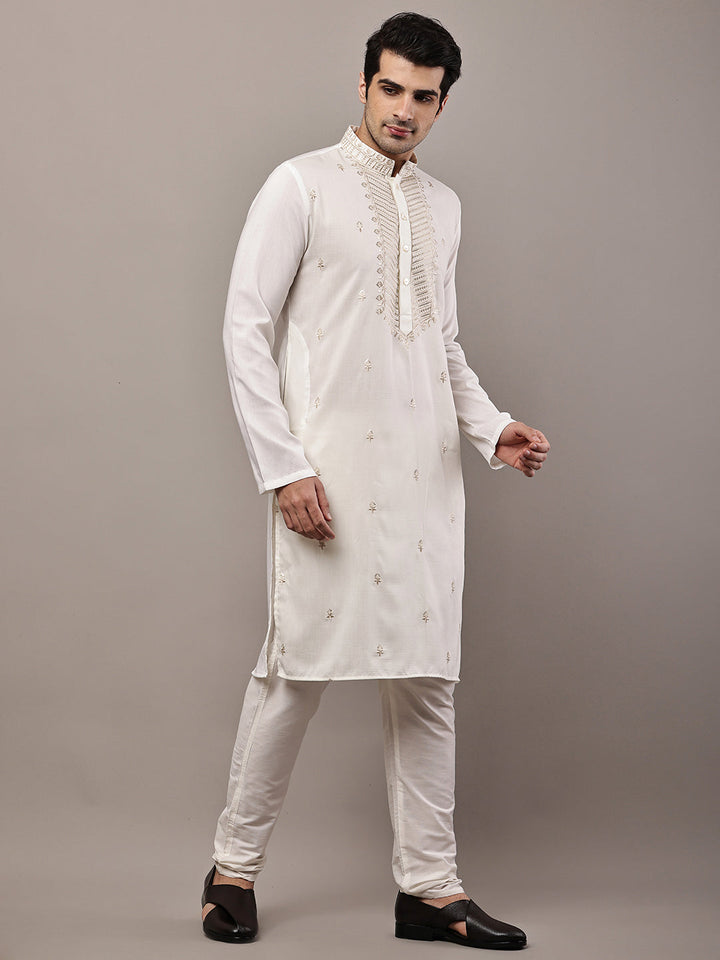 Men’s Cream Embroidered Kurta Pyjama Set | SHOBITAM