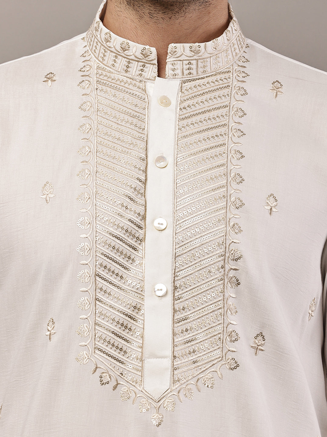 Men’s Cream Embroidered Kurta Pyjama Set | SHOBITAM