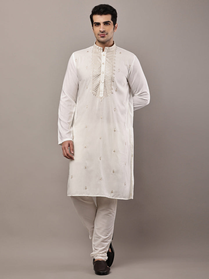 Viscose Men’s Cream Embroidered Kurta | SHOBITAM