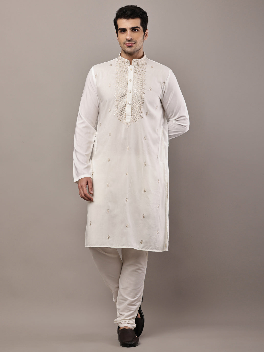 Men’s Cream Embroidered Kurta Pyjama Set | SHOBITAM