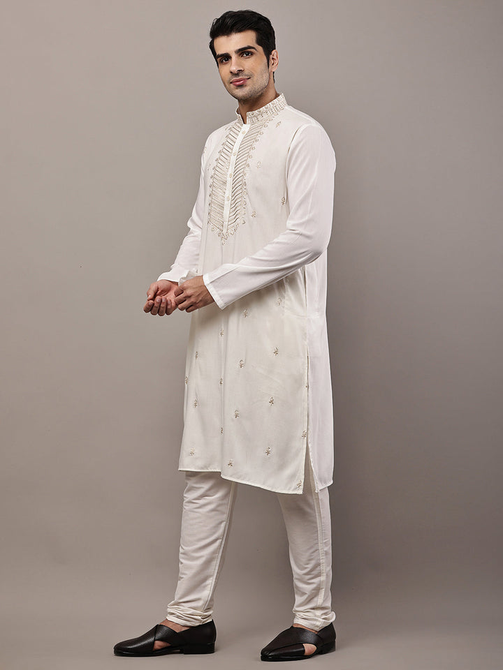 Men’s Cream Embroidered Kurta Pyjama Set | SHOBITAM
