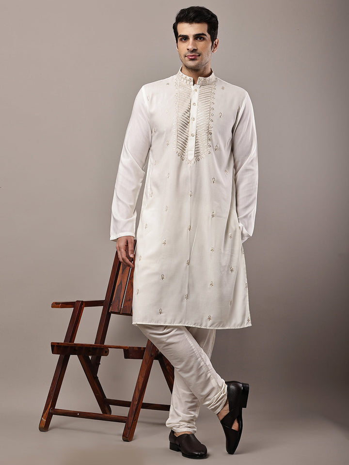 Viscose Men’s Cream Embroidered Kurta | SHOBITAM