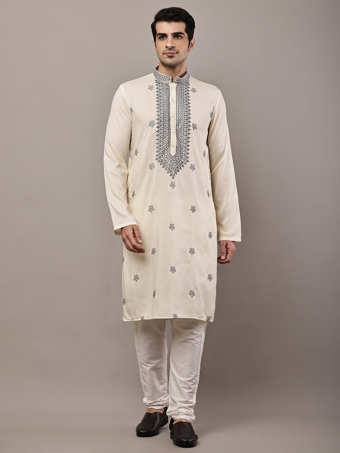 Men’s Cream Embroidered Kurta Pyjama Set | SHOBITAM