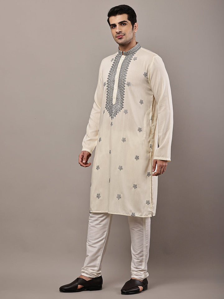 Viscose Men’s Cream Embroidered Kurta | SHOBITAM