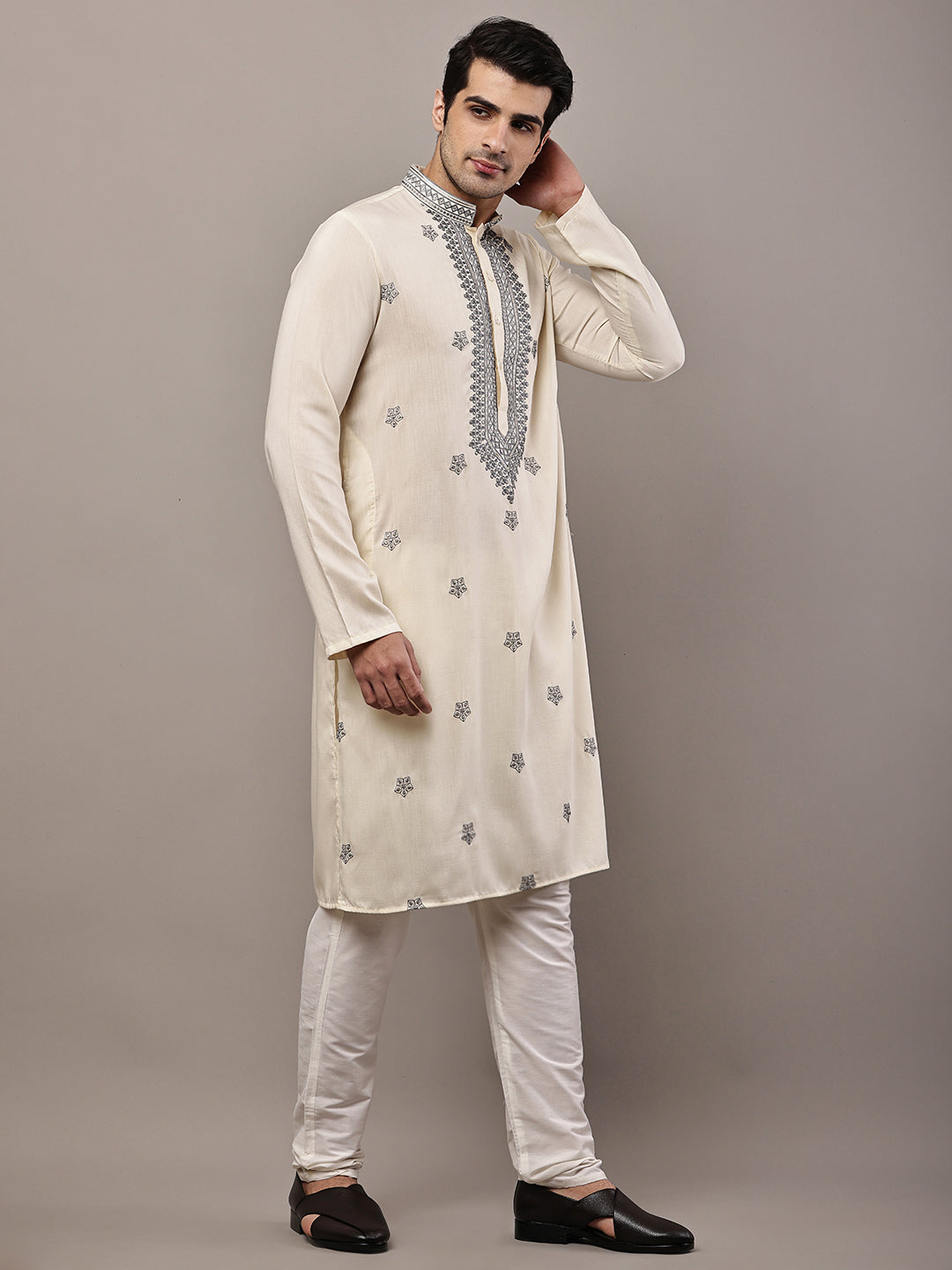Men’s Cream Embroidered Kurta Pyjama Set | SHOBITAM