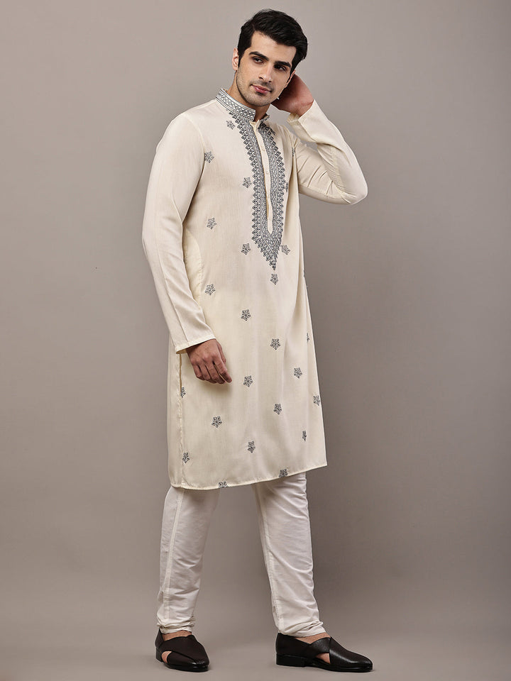 Men’s Cream Embroidered Kurta Pyjama Set | SHOBITAM