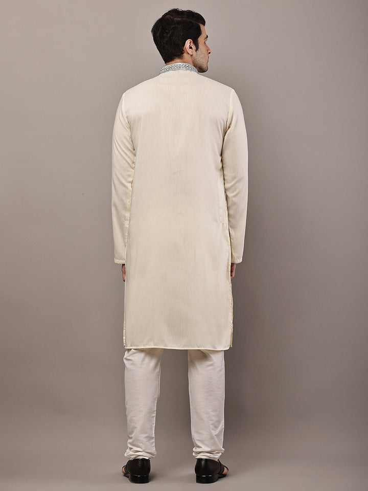 Men’s Cream Embroidered Kurta Pyjama Set | SHOBITAM