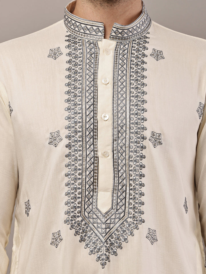 Men’s Cream Embroidered Kurta Pyjama Set | SHOBITAM