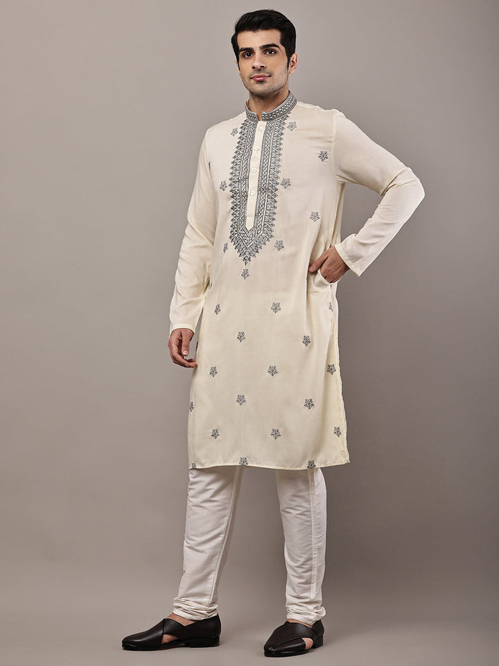 Men’s Cream Embroidered Kurta Pyjama Set | SHOBITAM