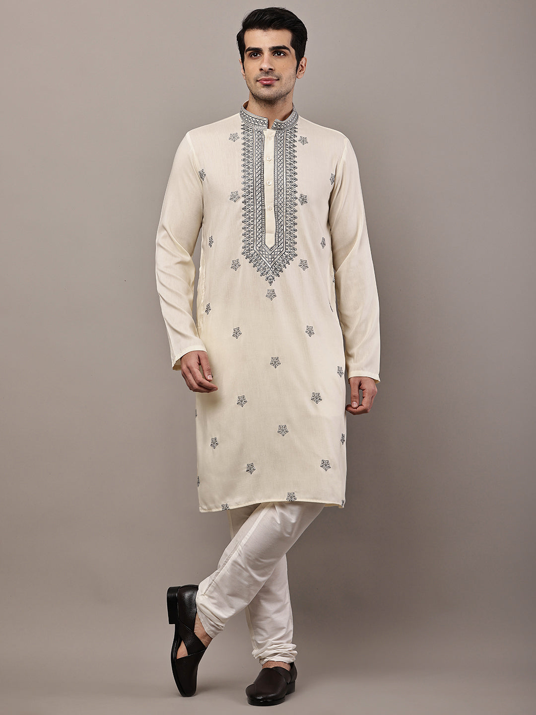 Viscose Men’s Cream Embroidered Kurta | SHOBITAM