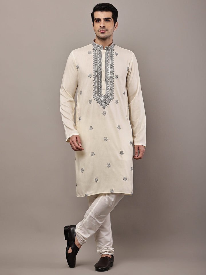 Viscose Men’s Cream Embroidered Kurta | SHOBITAM
