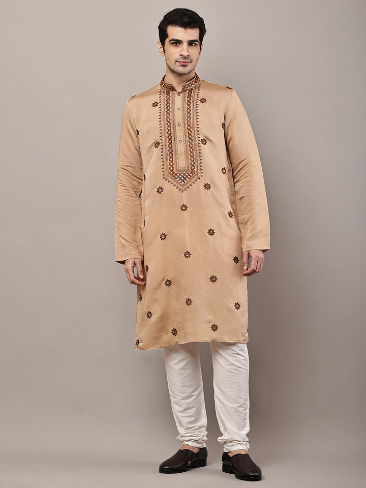 Viscose Men’s Brown Embroidered Kurta | SHOBITAM