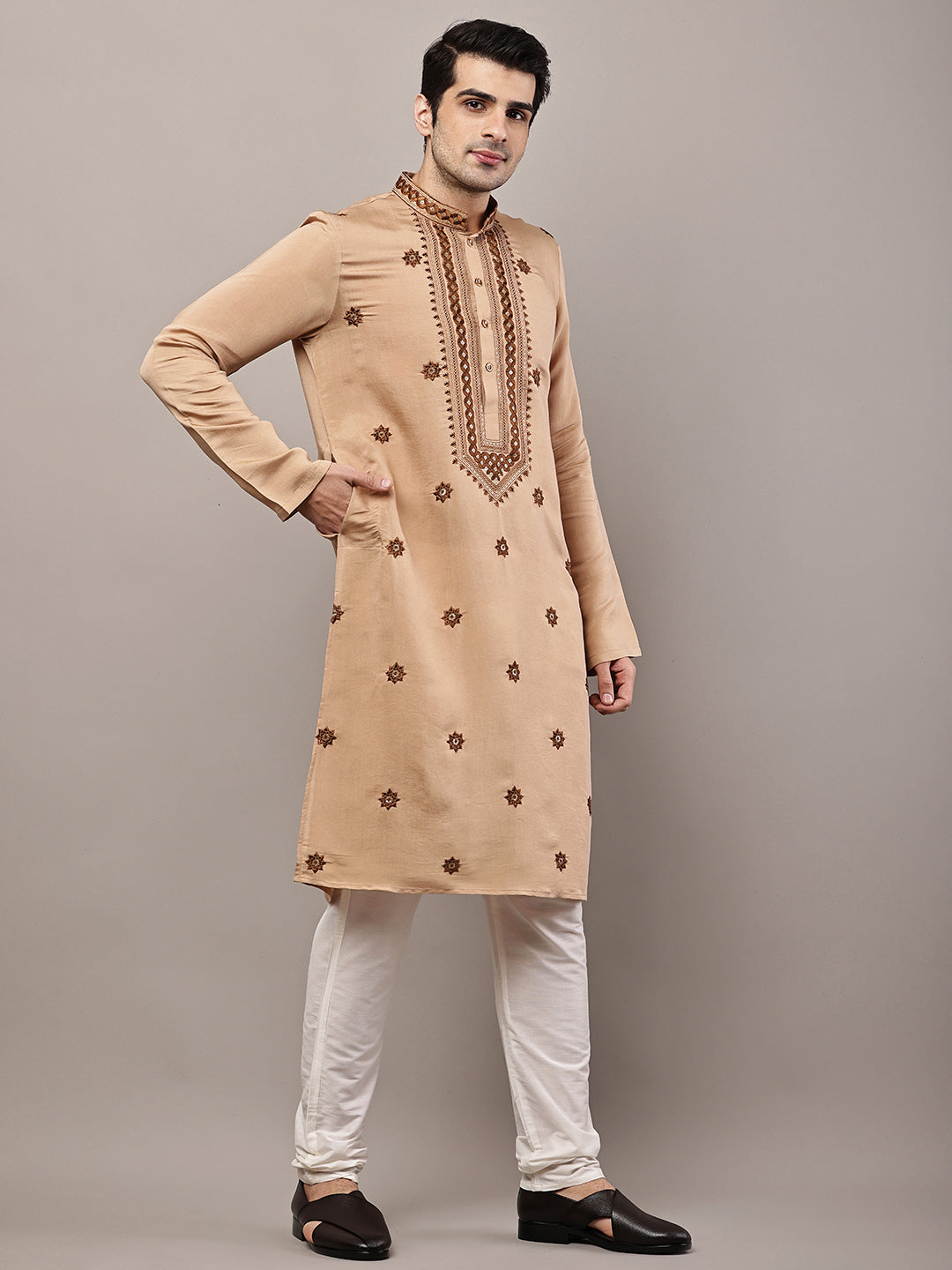 Viscose Men’s Brown Embroidered Kurta | SHOBITAM