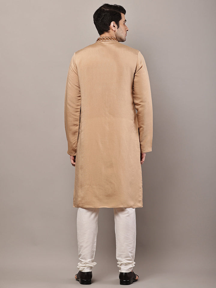 Men’s Brown Embroidered Kurta Pyjama Set | SHOBITAM