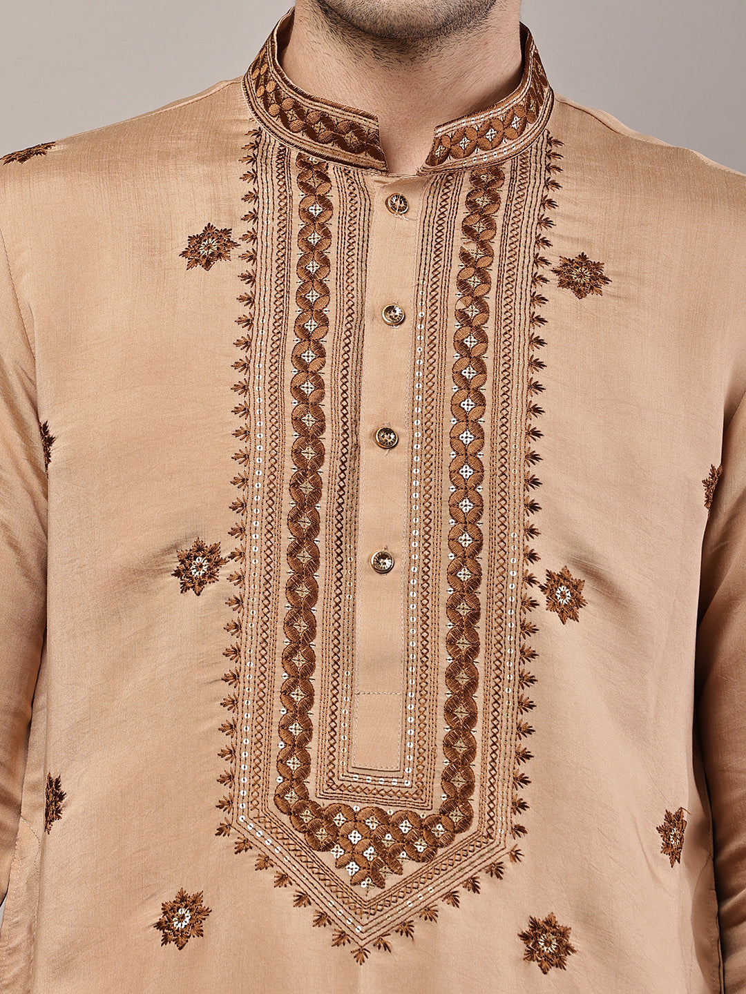 Men’s Brown Embroidered Kurta Pyjama Set | SHOBITAM