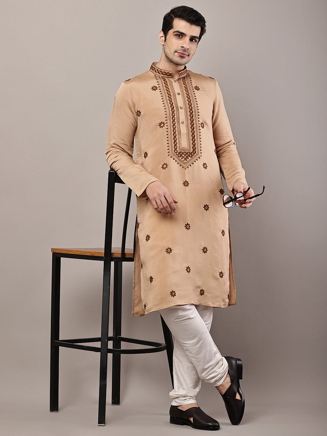 Viscose Men’s Brown Embroidered Kurta | SHOBITAM