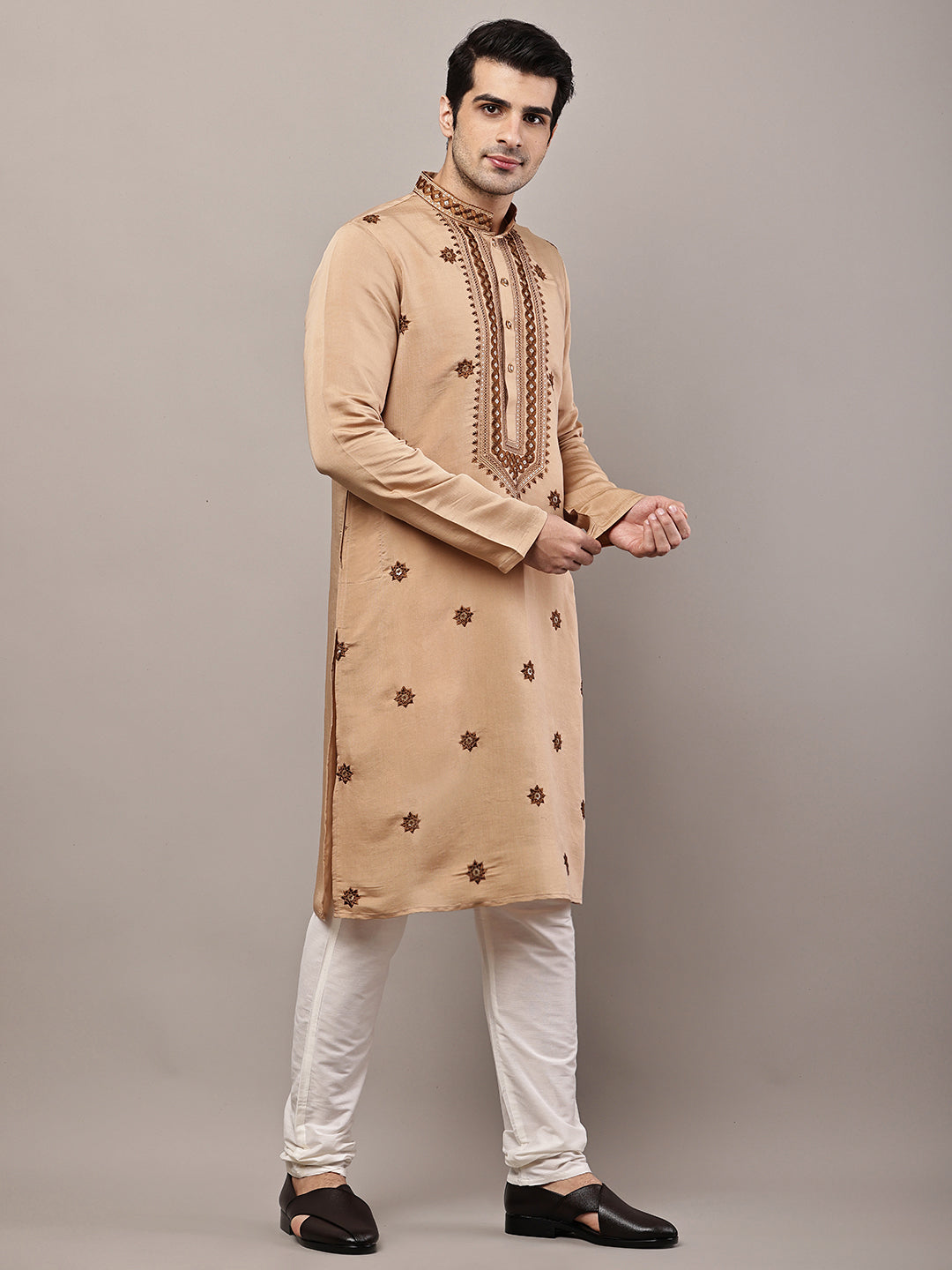 Viscose Men’s Brown Embroidered Kurta | SHOBITAM