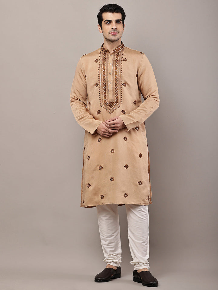 Viscose Men’s Brown Embroidered Kurta | SHOBITAM