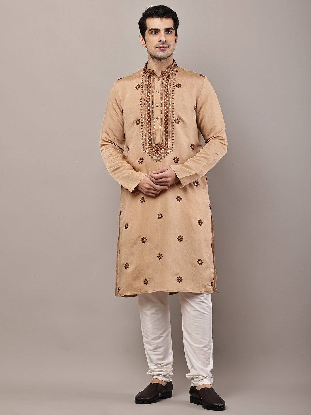 Men’s Brown Embroidered Kurta Pyjama Set | SHOBITAM