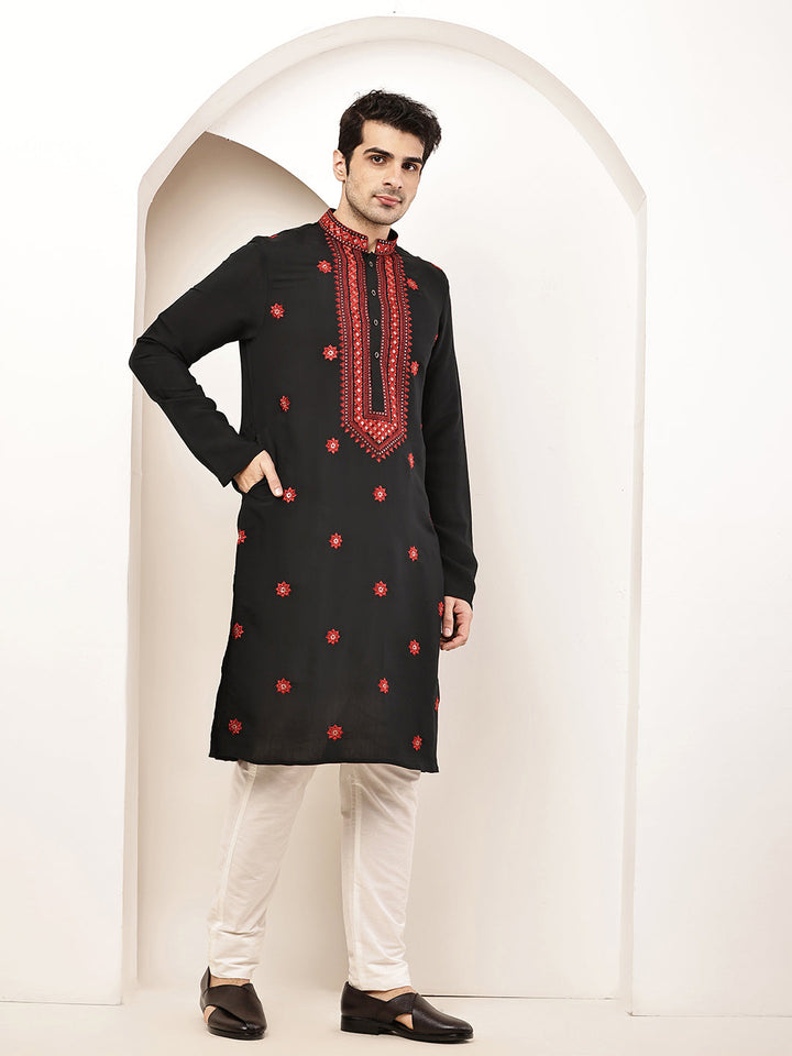 Viscose Men’s Black Embroidered Kurta | SHOBITAM