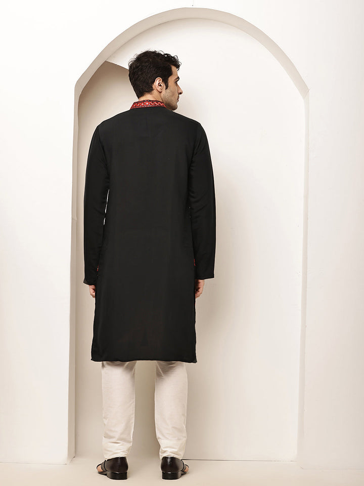 Viscose Men’s Black Embroidered Kurta | SHOBITAM