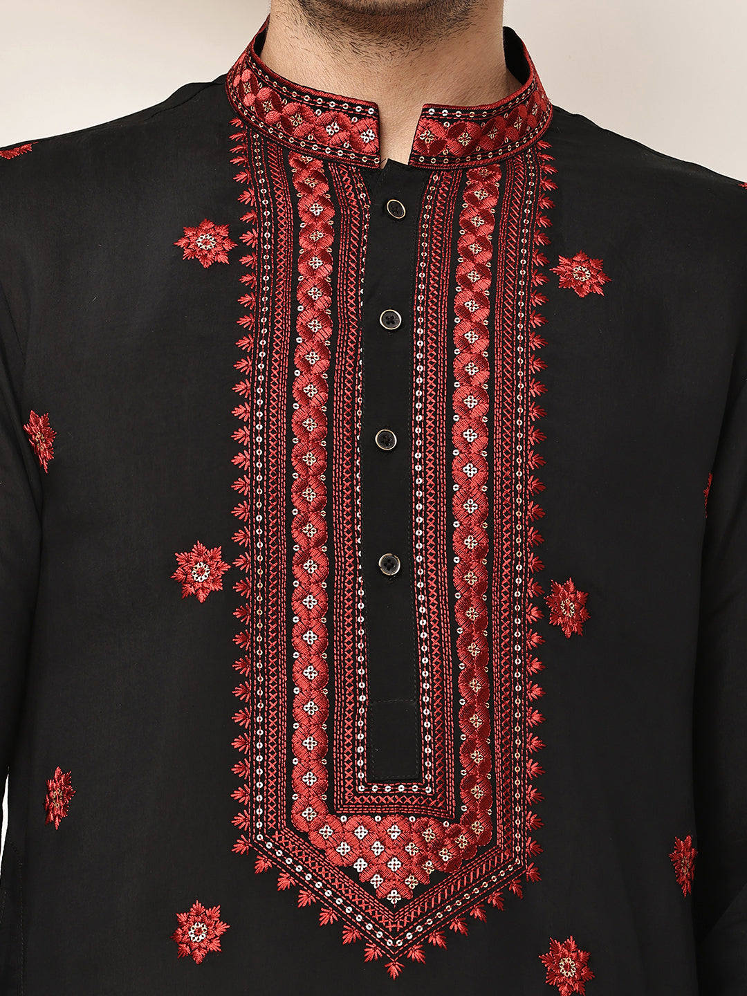 Viscose Men’s Black Embroidered Kurta | SHOBITAM