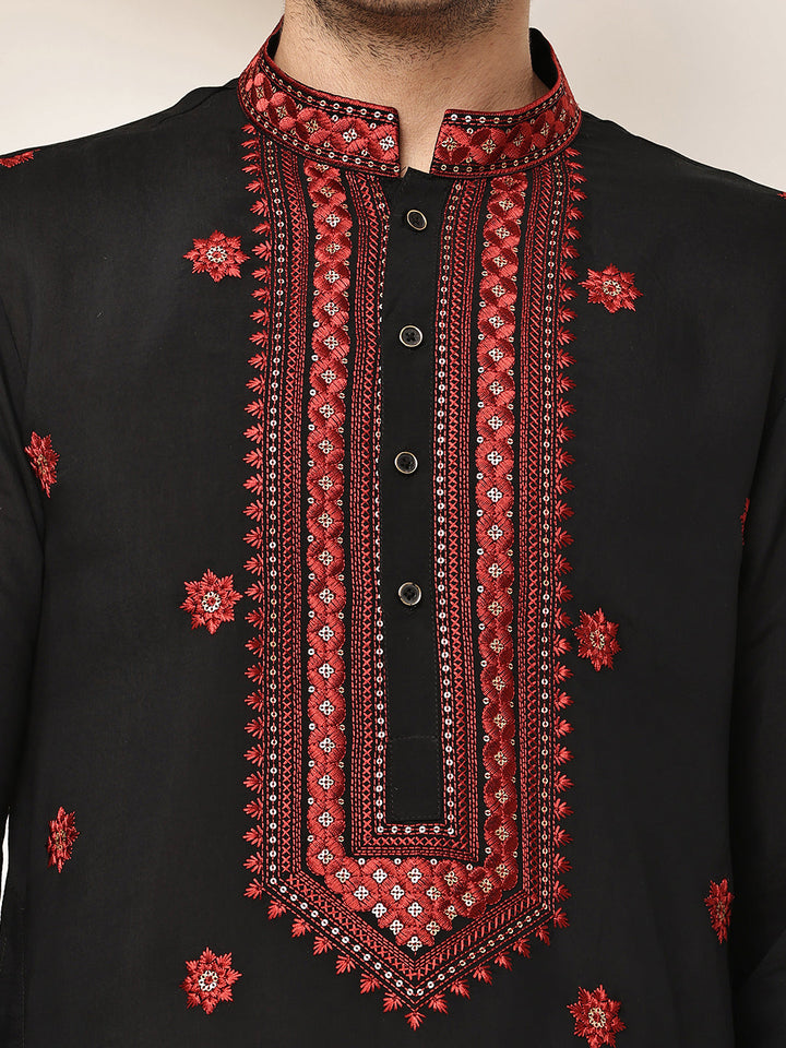 Men’s Black Embroidered Kurta Pyjama Set | SHOBITAM