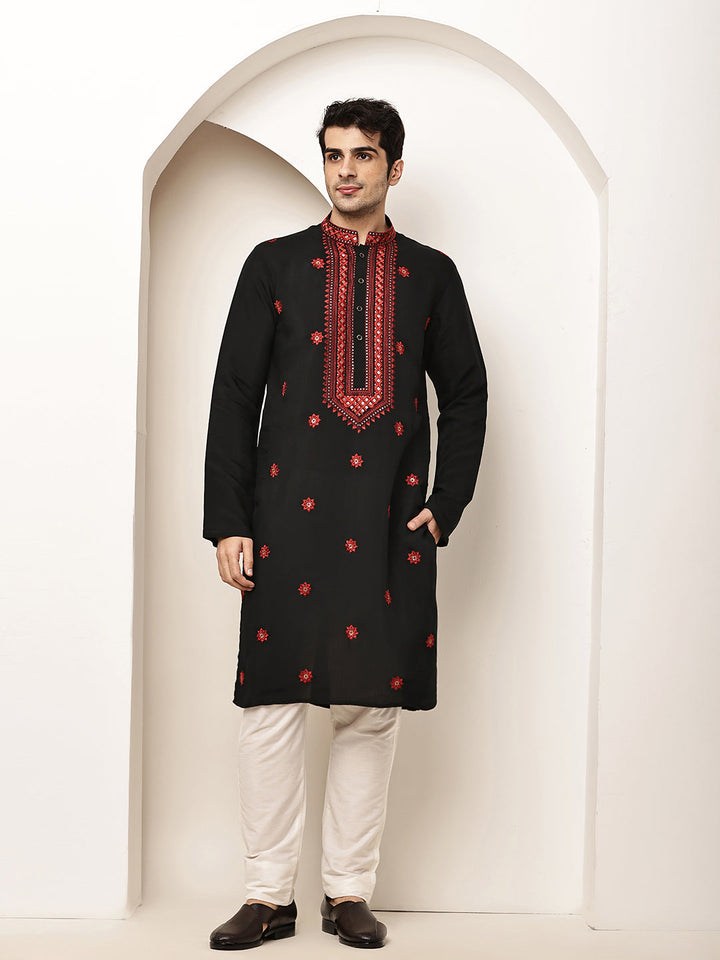 Viscose Men’s Black Embroidered Kurta | SHOBITAM