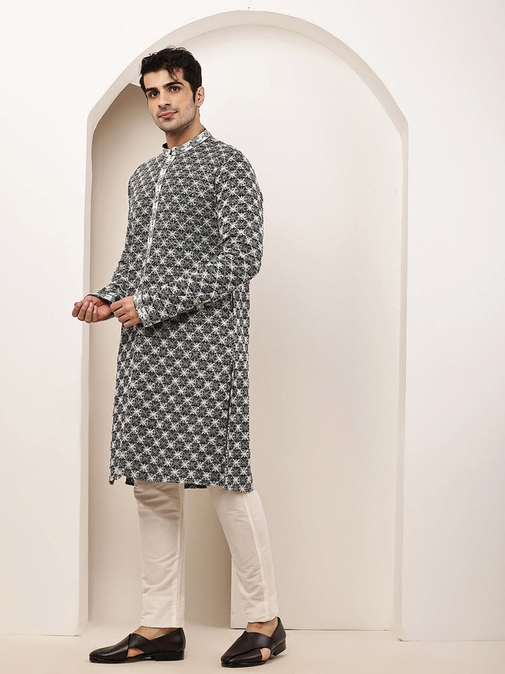 Men’s Black & White Embroidered Kurta Pyjama Set | SHOBITAM