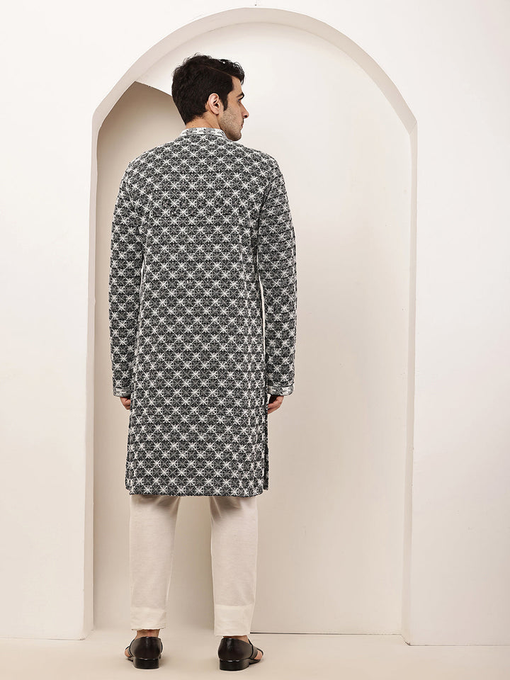 Viscose Men’s Black & White Embroidered Kurta Set | Shobitam