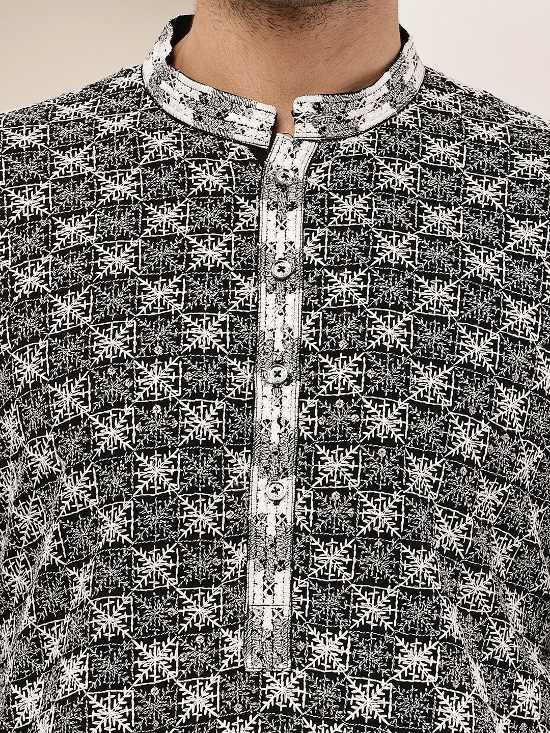 Men’s Black & White Embroidered Kurta Pyjama Set | SHOBITAM
