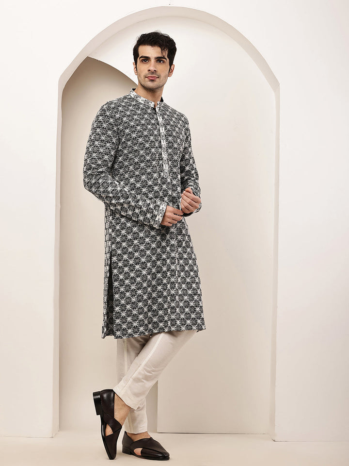 Viscose Men’s Black & White Embroidered Kurta Set | Shobitam