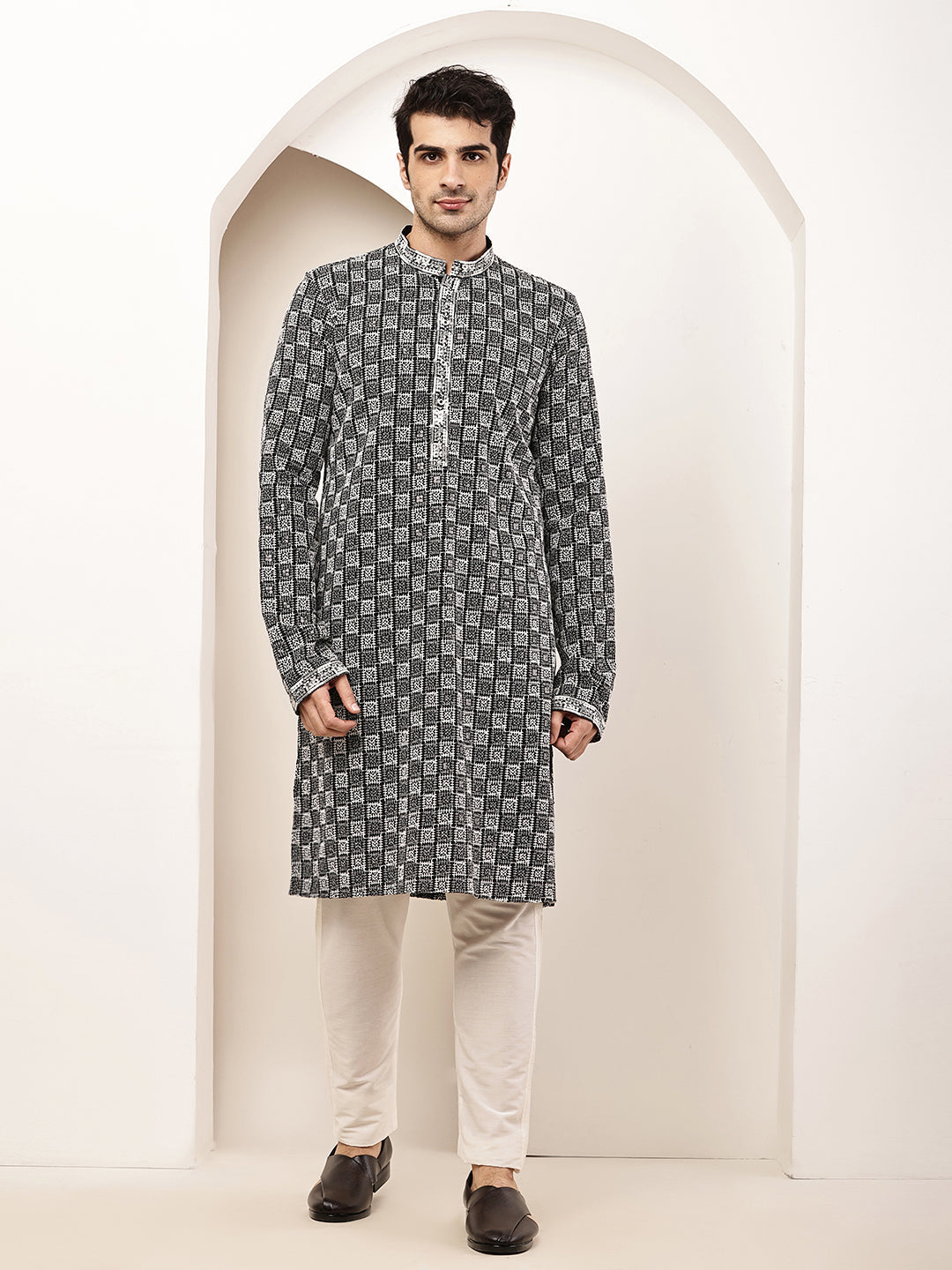 Men’s Black & White Embroidered Kurta Set | SHOBITAM