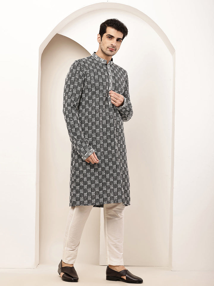 Men’s Black & White Embroidered Kurta Set | SHOBITAM