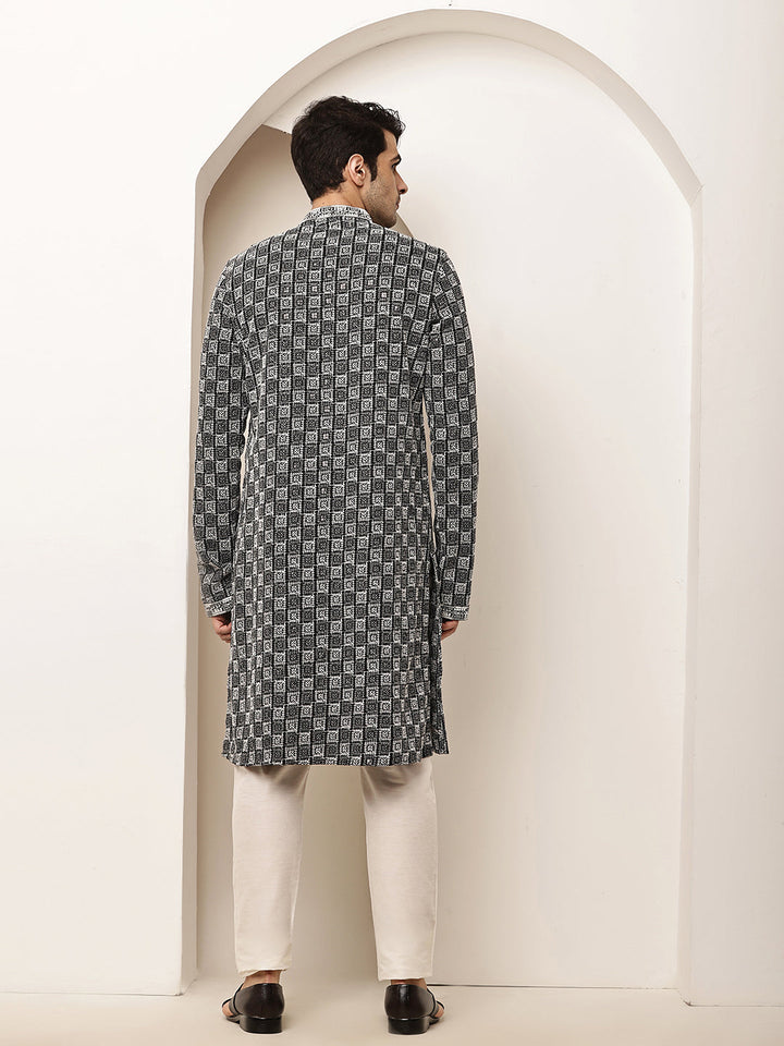 Men’s Black & White Embroidered Kurta Pyjama Set | SHOBITAM